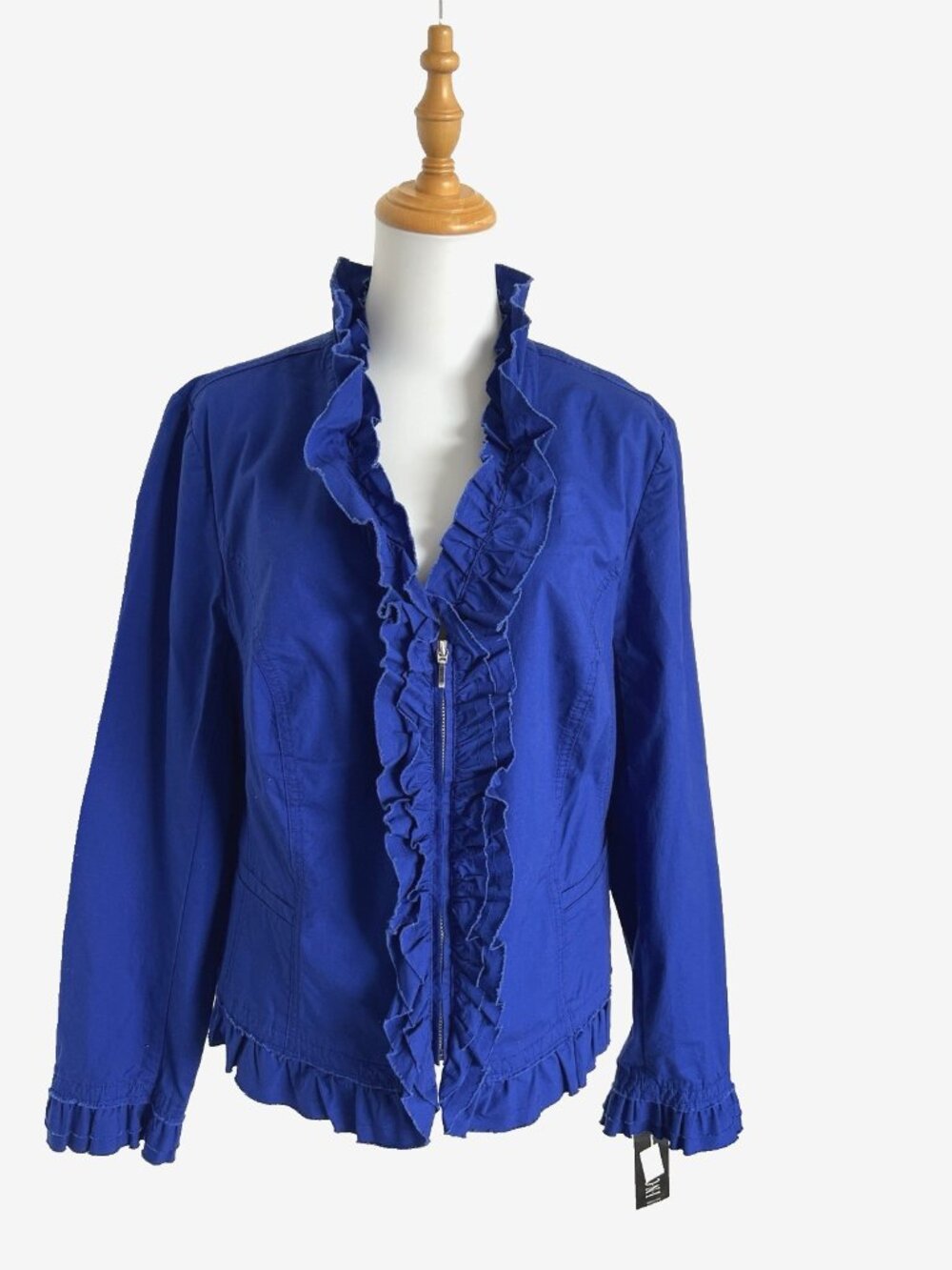INC Women’s XL Jacket Blazer Royal Blue Zippered Cotton Stretch Ruffle Peplum